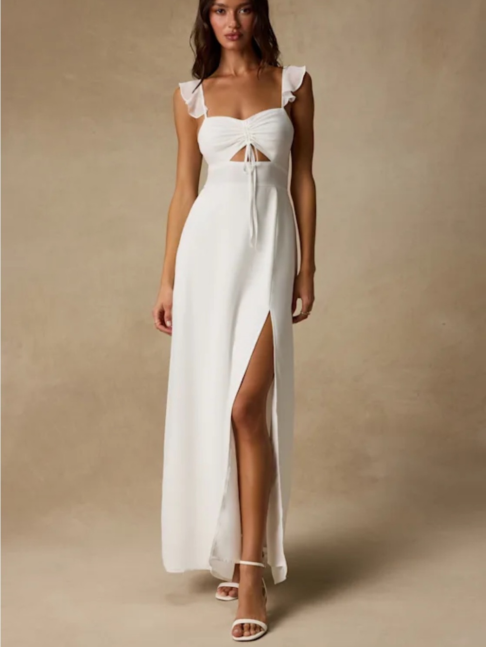 Lulu's White Ruched Tie-Front Maxi Dress with Cap Sleeves NWT